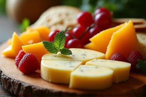 Gourmet appetizer platter with cheese and fruits.