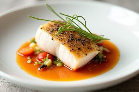 Elegant plated fish main course.