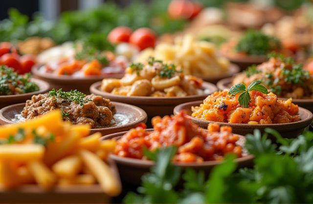 Variety of catering dishes presented attractively.